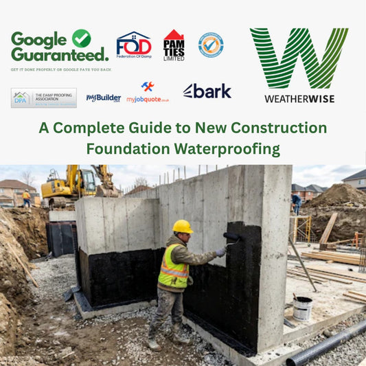Worker applying waterproof coating on concrete foundation wall for damp protection