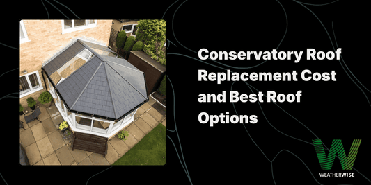 Aerial view of a tiled conservatory roof beside a house