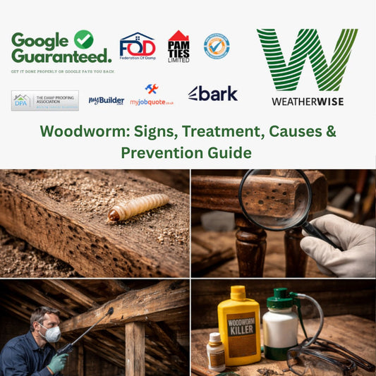 Woodworm damage and treatment showing larvae infested wood inspection and pest control process