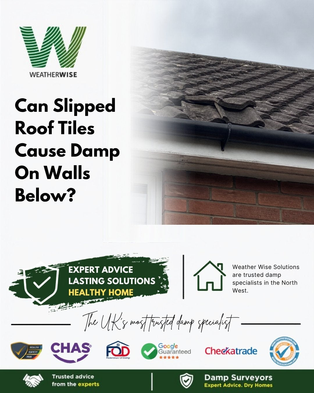 Can a few slipped or cracked roof tiles cause damp on the walls below in Bury? A slipped and cracked grey roof tile above a gutter on a brick house