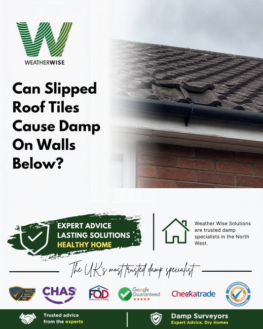 Can a few slipped or cracked roof tiles cause damp on the walls below in Bury? A slipped and cracked grey roof tile above a gutter on a brick house