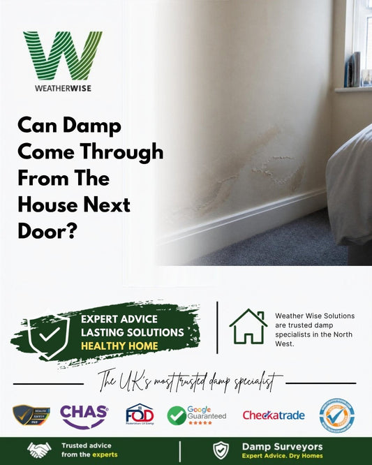 Can Damp Come Through From The House Next Door In Stoke-on-Trent? Damp staining and peeling paint low on an interior party wall beside a skirting board.