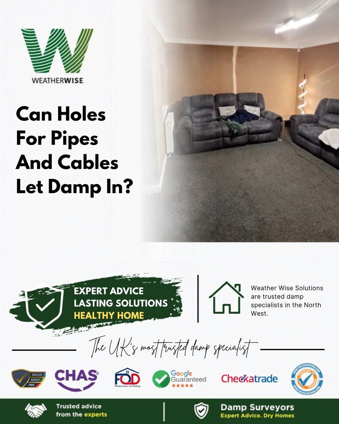 Can holes in an outside wall for pipes and cables let damp into a home in Wigan? Living room with a damp stain on the wall behind two grey sofas