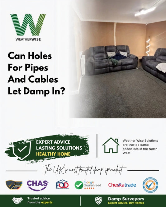 Can holes in an outside wall for pipes and cables let damp into a home in Wigan? Living room with a damp stain on the wall behind two grey sofas