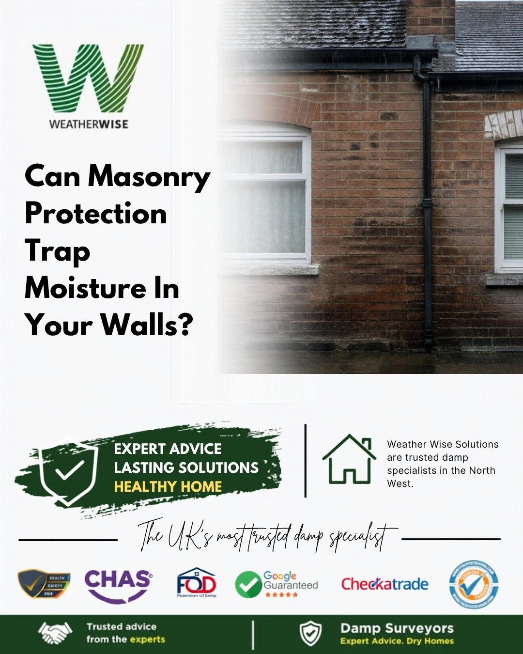 Can masonry protection trap moisture inside your walls in Rhyl? A wet brick wall on a terraced house with a dark downpipe and rain-stained brickwork