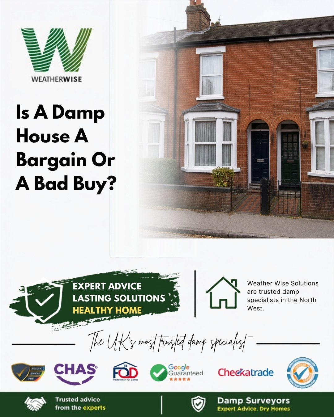 Front of an older red brick terraced house on a quiet street, with the headline Is A Damp House A Bargain Or A Bad Buy?