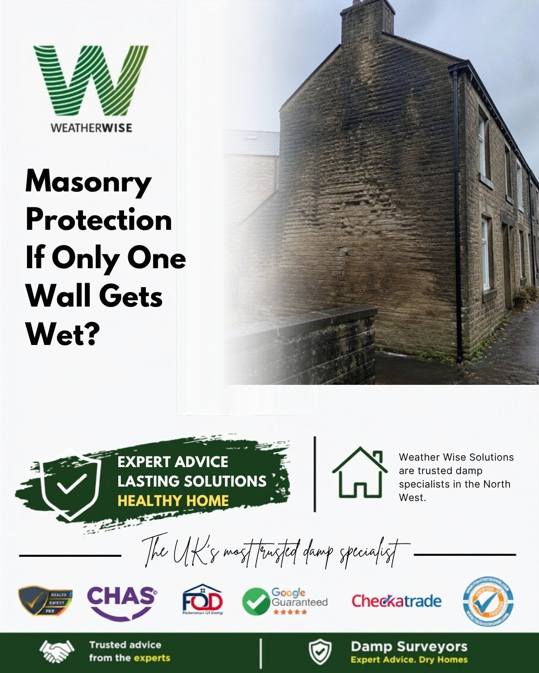 Should you apply masonry protection if only one wall gets wet? Weathered stone gable end of a Buxton-area terraced home in the rain - Weather Wise Solutions