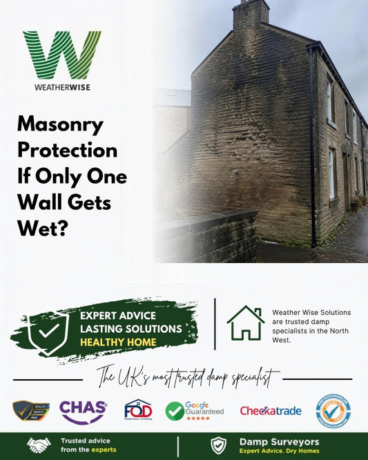 Should you apply masonry protection if only one wall gets wet? Weathered stone gable end of a Buxton-area terraced home in the rain - Weather Wise Solutions