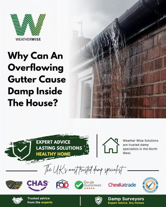 Why can an overflowing gutter cause damp inside the house in Oldham? Rainwater spilling over a blocked gutter and running down a red brick wall