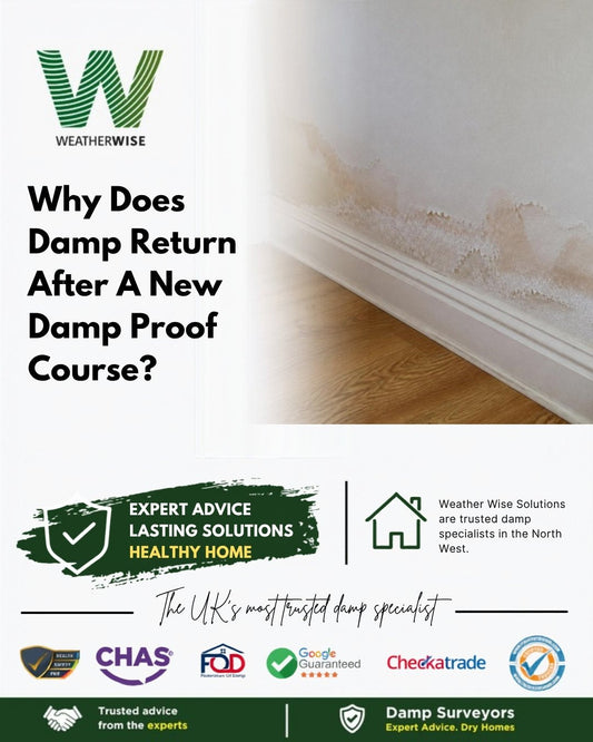 Why can damp come back after a new damp proof course has been injected? A damp tide mark and salt staining on a lower wall above a skirting board in a Sale home