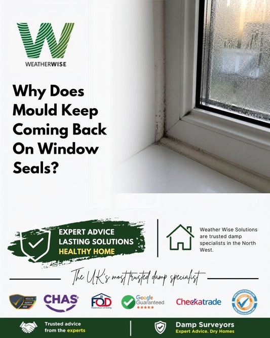 Why does black mould keep coming back on window seals and silicone in Warrington? Black mould along the silicone and seal in the lower corner of a white window with condensation on the glass