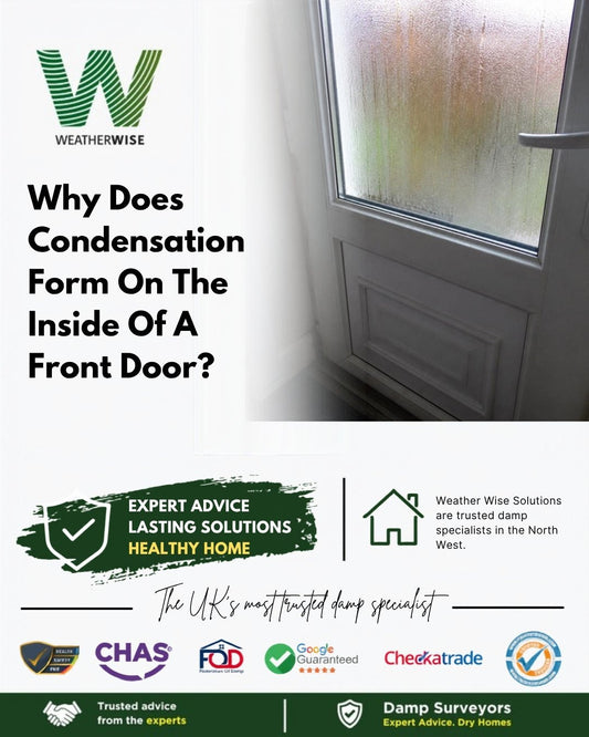 Why does condensation form on the inside of a front door in Wallasey? Condensation misting the frosted glass panel of a white front door inside a UK hallway.