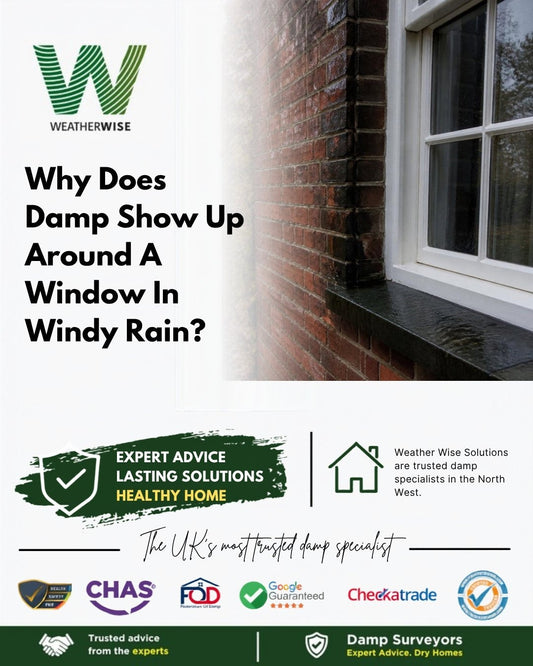 Why Does Damp Appear Around A Window Only When The Wind Blows From One Direction? Damp, dark red brickwork beside a white sash window on a house in Macclesfield after wind-driven rain.