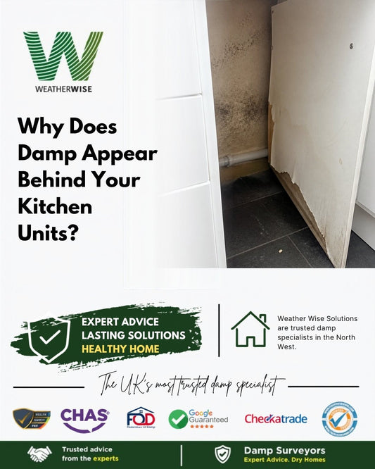 Why does damp appear behind fitted kitchen units on an outside wall in Heswall? An open base unit with dark mould spotting on the wall behind it and a swollen cupboard panel
