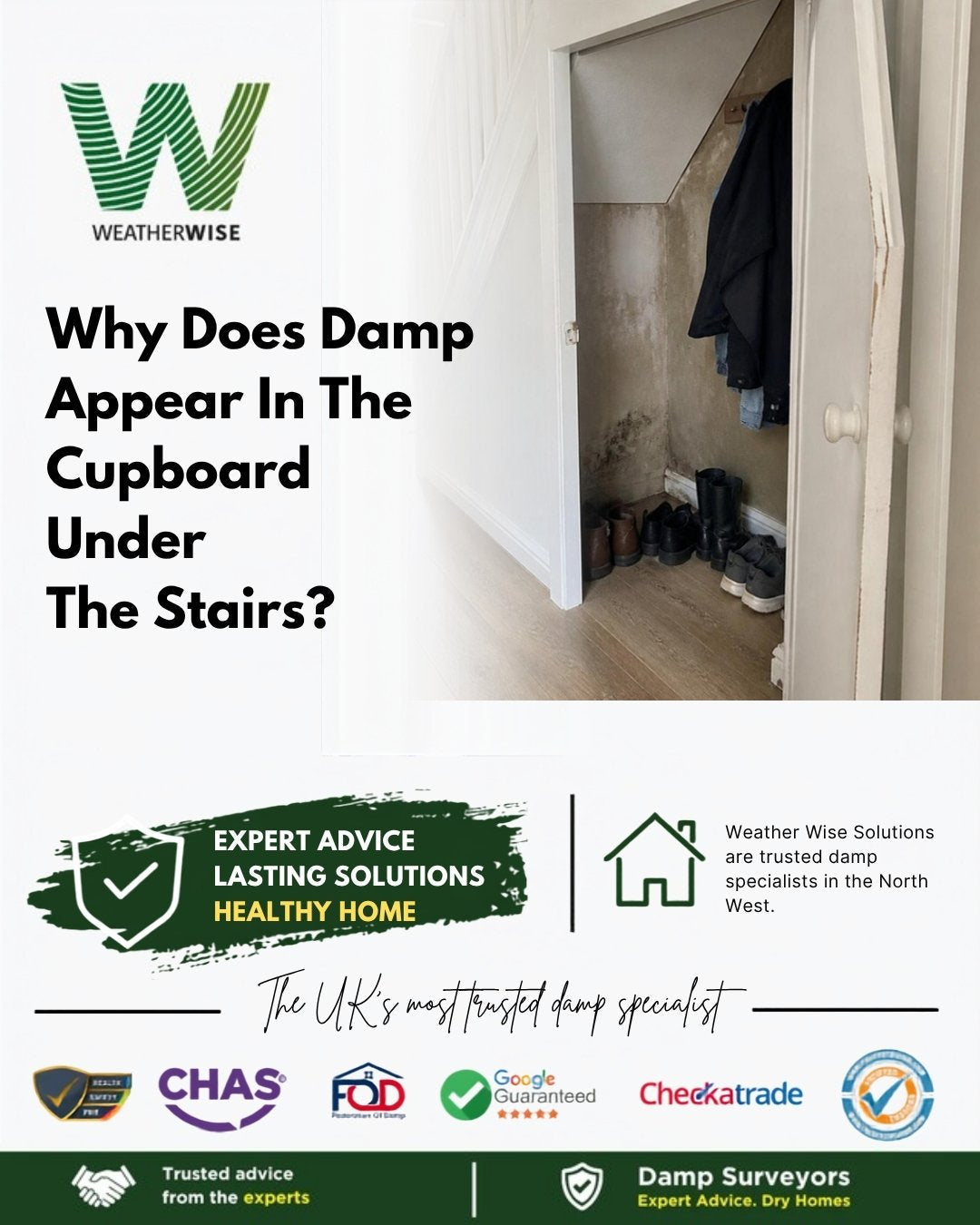 Why does damp appear in the cupboard under the stairs in Stafford? An open cupboard under the stairs with a stained back wall, a coat hanging and shoes on the floor