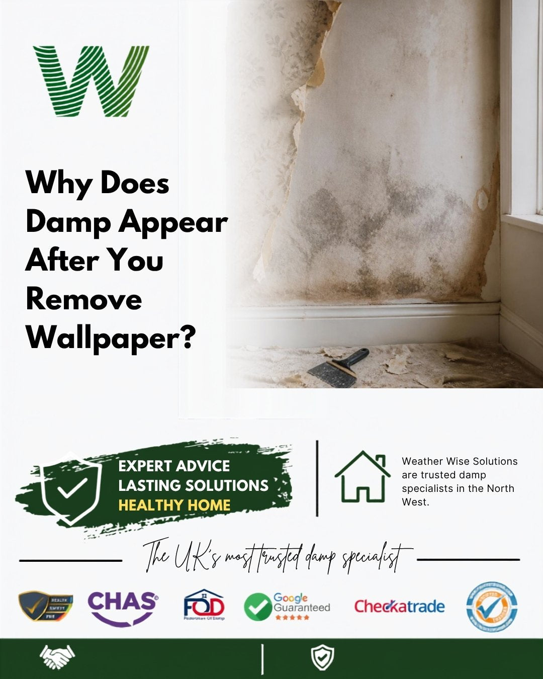 Why does damp appear on a wall after you remove wallpaper? Bare plaster wall with dark damp patches and peeling wallpaper in a Runcorn home - Weather Wise Solutions
