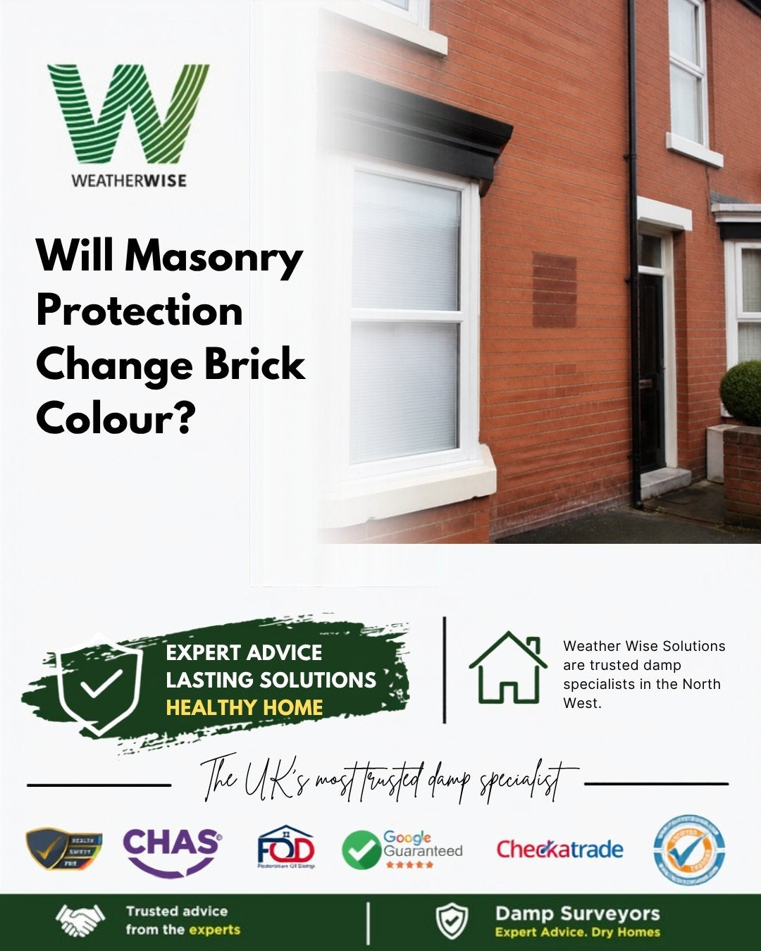 Will masonry protection change the colour or look of your brickwork in Neston? Red brick terraced house wall with a bay window and a slightly darker square patch on the brickwork