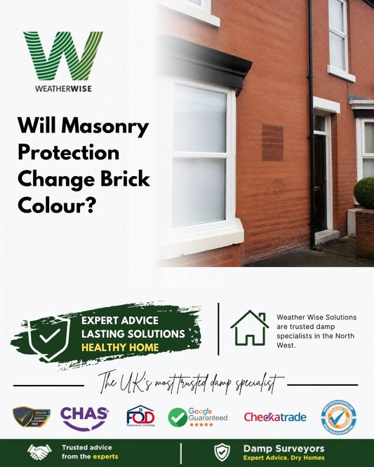 Will masonry protection change the colour or look of your brickwork in Neston? Red brick terraced house wall with a bay window and a slightly darker square patch on the brickwork